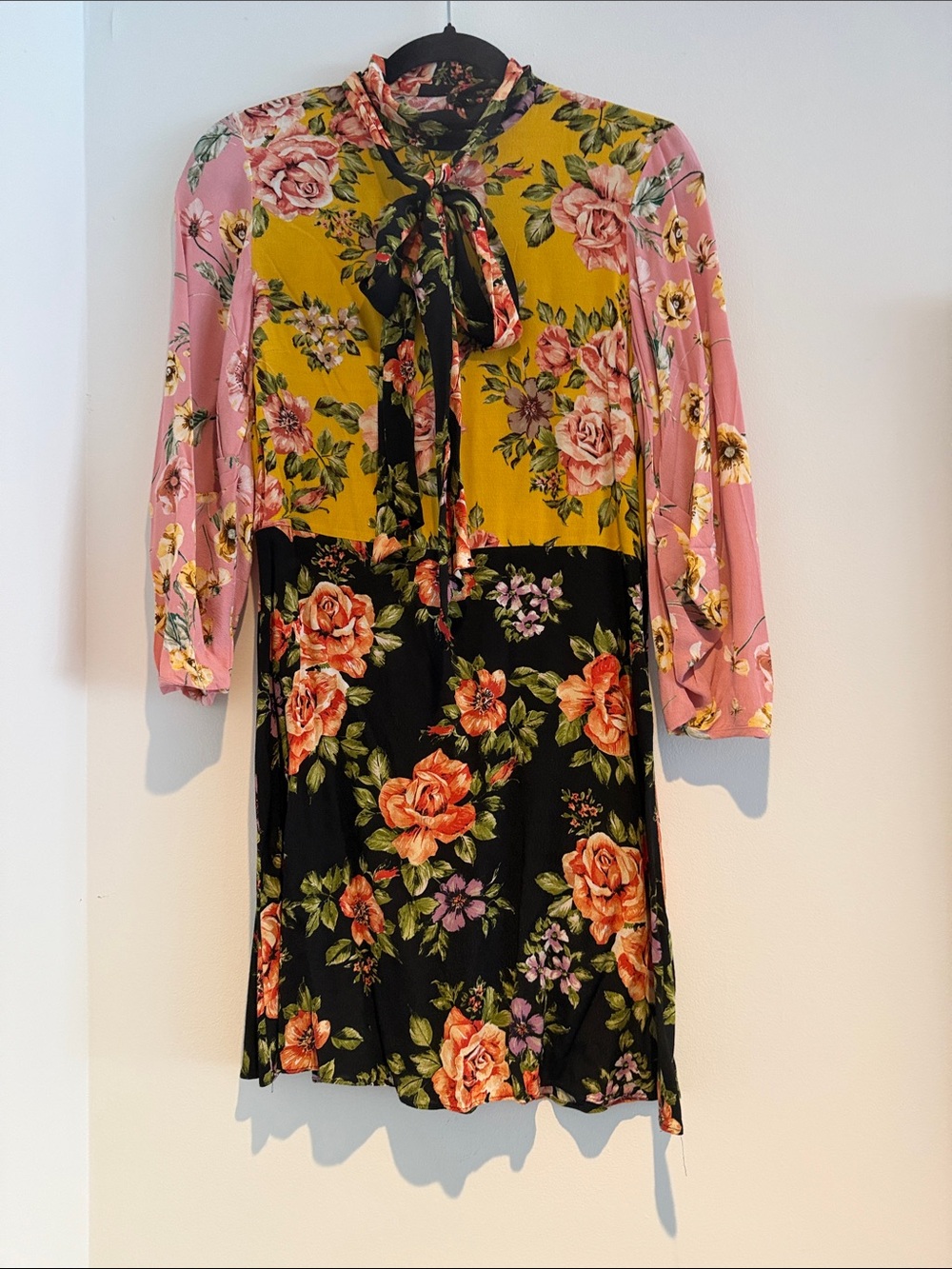 Zara Floral Mixed-Panel Tie-Neck Dress in Pink, Mustard & Black